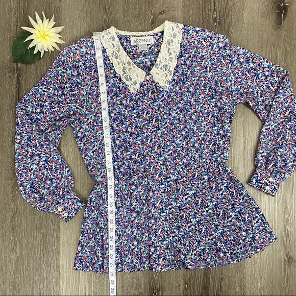 Vintage 80’s Blue Multi-Print Pleated Peplum Button-Up Blouse with Lace Collar - Picture 13 of 13